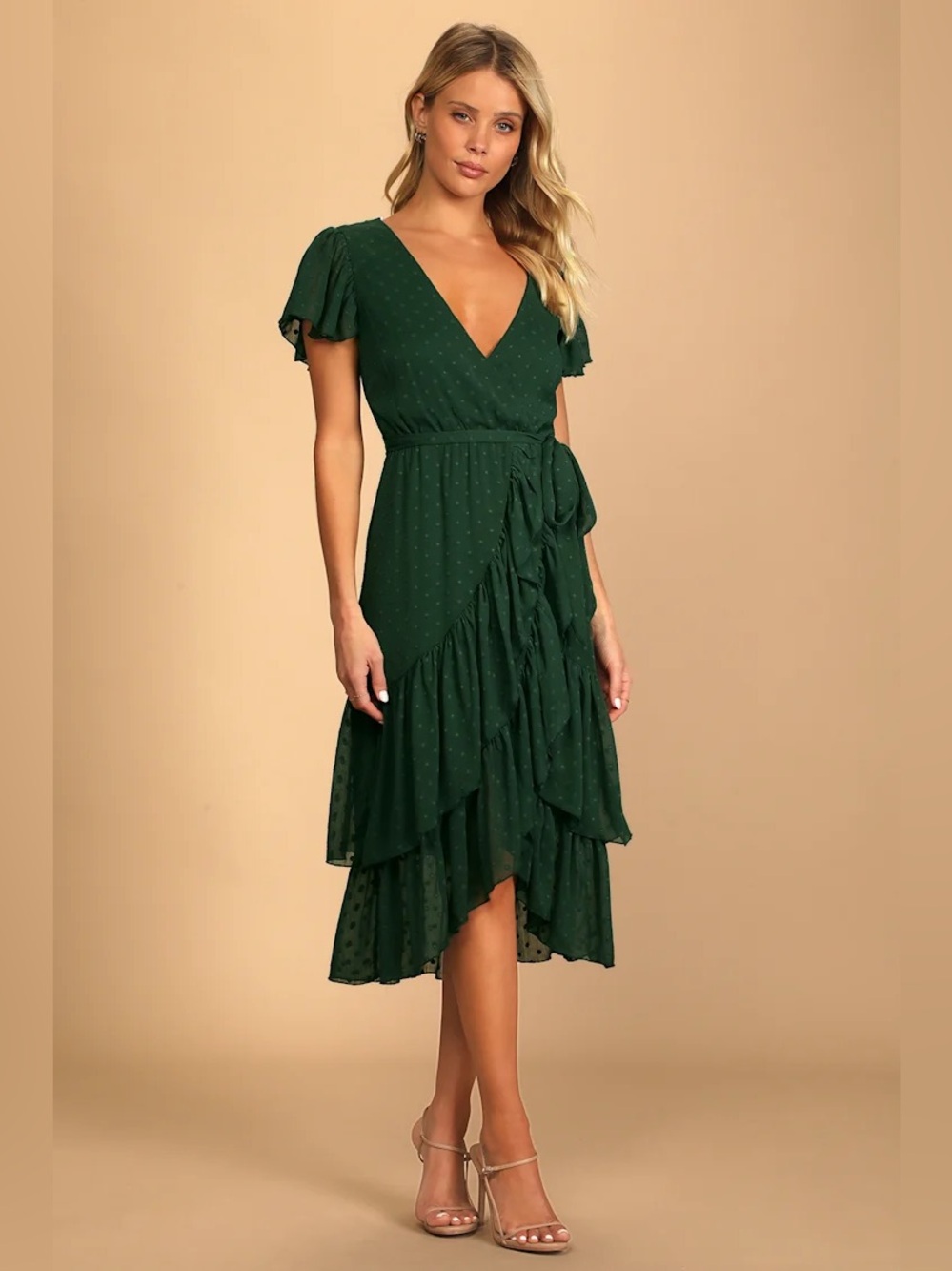 Lulus Have Harmony Dark Green Swiss Dot Ruffled Faux Wrap Midi Dress Medium